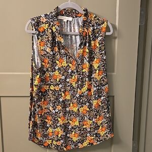 Loft Floral Sleeveless Blouse - Navy and Orange